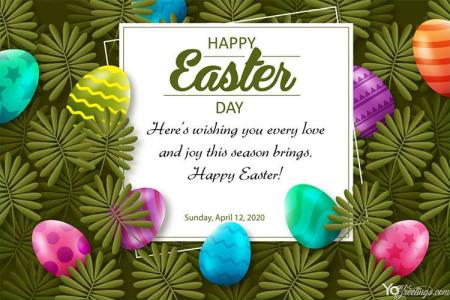 Easter Day Greeting Card With Eggs Leaves