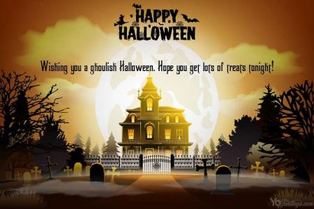 Halloween Greeting Card On Scary Old House Background