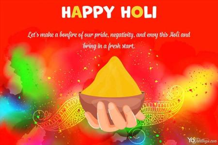 Hand Holding Powder Color Holi Card With Name Wishes