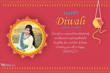Happy Diwali Card Design With Photo With Hanging Lantern Red Color