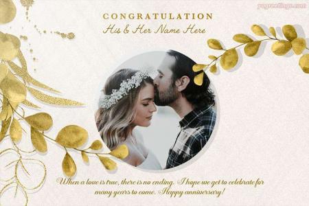Golden Luxury Anniversary Wedding Cards With Photo And Name Wishes