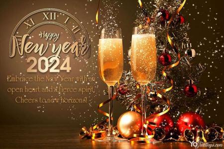 Happy New Year 2024 Greeting Wishes Card With Champagne