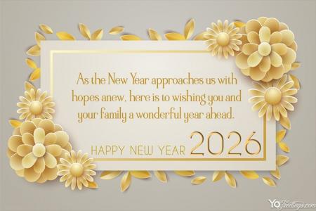 Golden Flower New Year 2026 Greeting Wishes Card