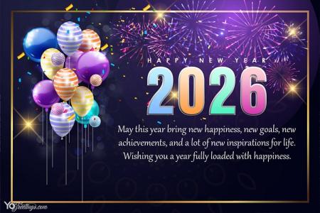 Balloons & Fireworks New Year 2026 Greeting Card Free Download
