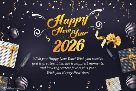 Happy New Year 2026 Greeting Card With Ribbon