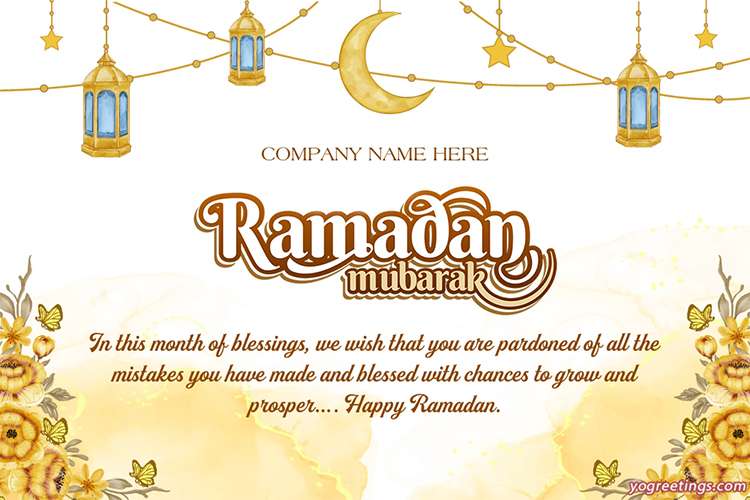 Write Company Name On Ramadan Mubarak Card With Watercolor Floral Gold