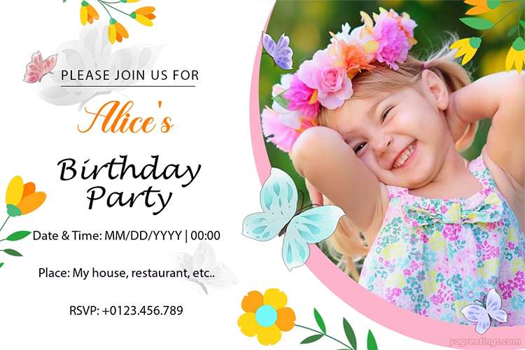 Cartoon Floral Butterfly Birthday Invitation Card Free Download