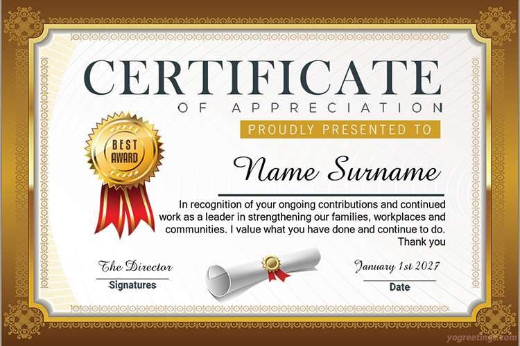 Certificate of Appreciation Cards With Golden Background