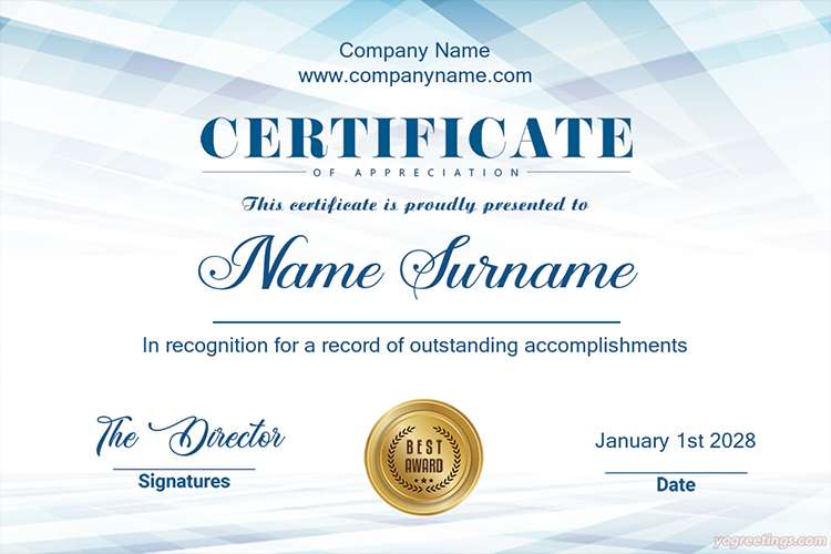Certificate of Appreciation With Blue Background For Business & Corporate