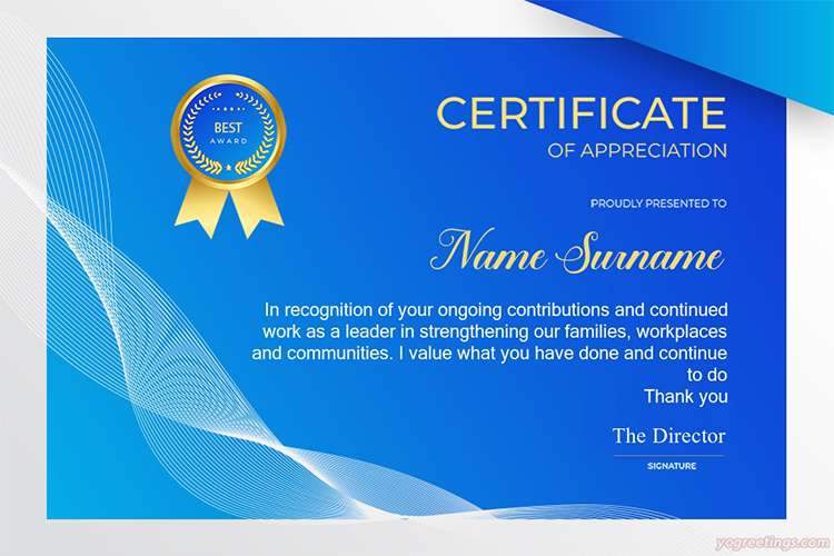 Simple Modern Blue Certificate of Appreciation Card For Corporate
