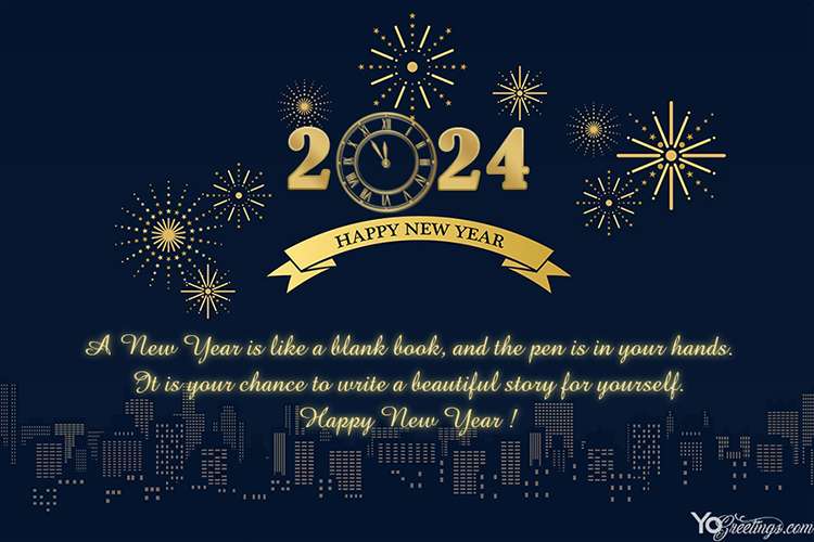 Fireworks City New Year 2024 Wishes Card Maker Online