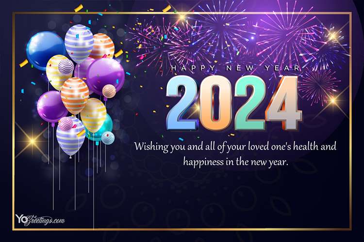 Balloons & Fireworks New Year 2024 Greeting Card Free Download