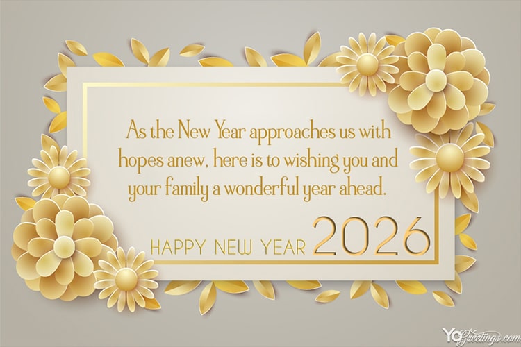 Golden Flower New Year 2026 Greeting Wishes Card