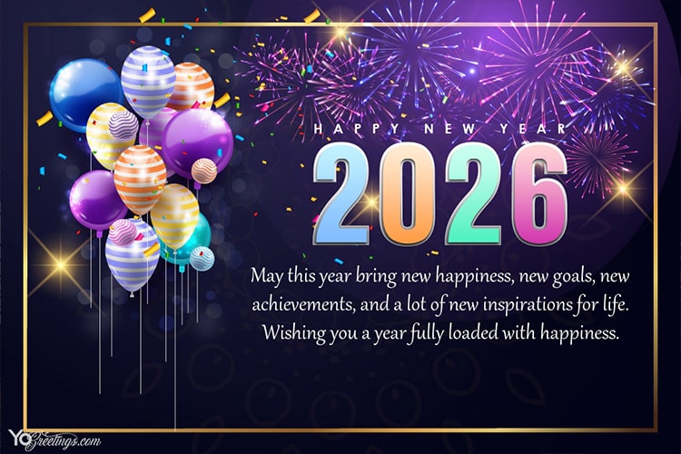 Balloons & Fireworks New Year 2026 Greeting Card Free Download